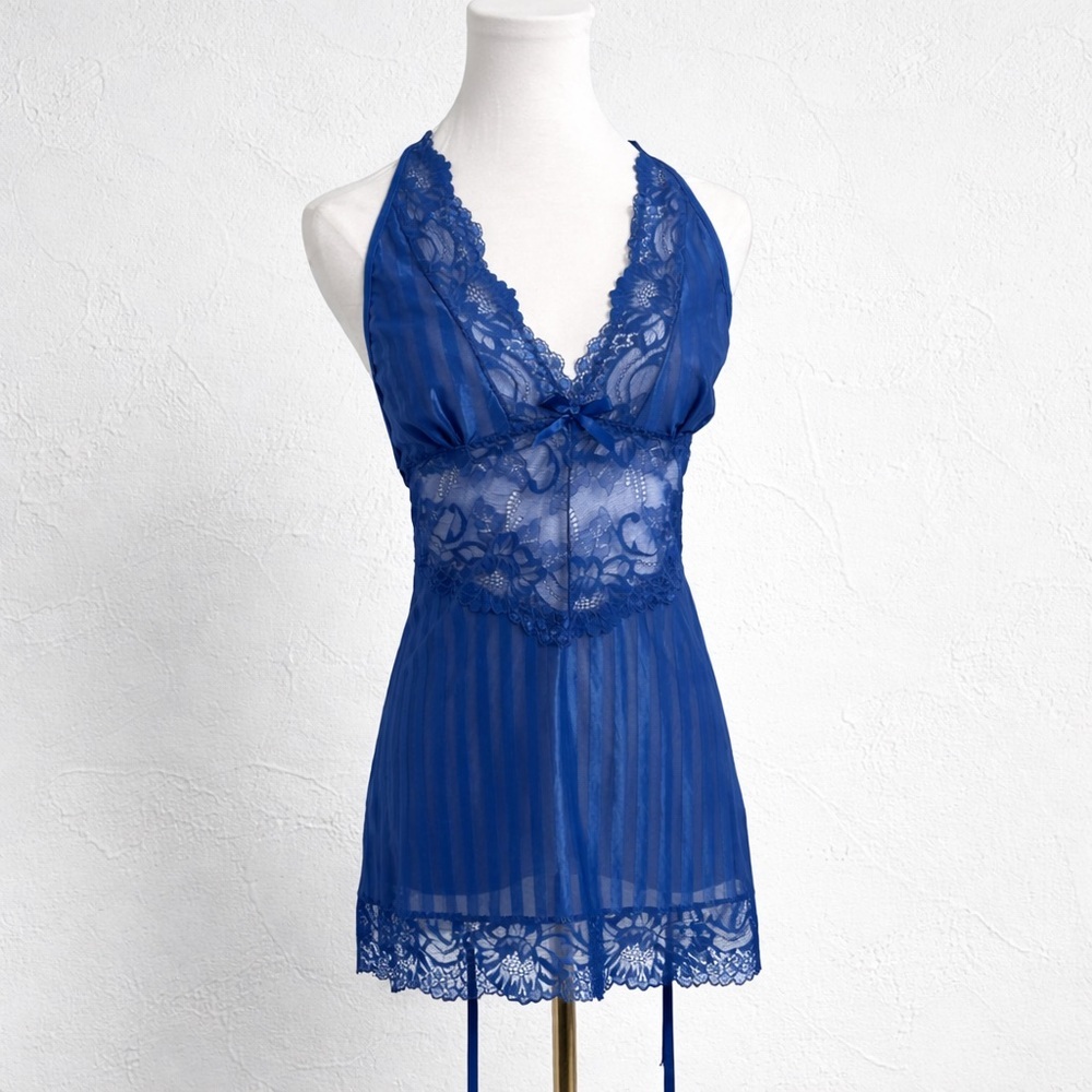NWT Blue Lace Babydoll Lingerie Set Sheer Chemise + G String L
